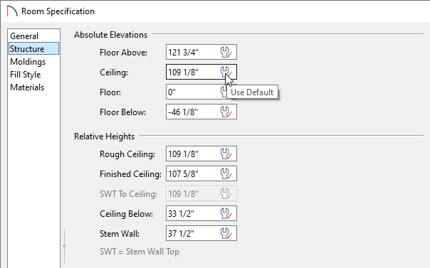 Resetting the Ceiling height to the default value