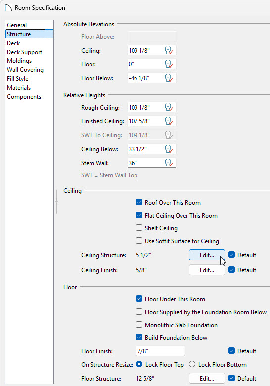 In the Room Specification, on the Structure panel, you can adjust the layers of your floor and ceiling.