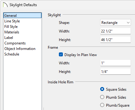 Skylight Defaults dialog.