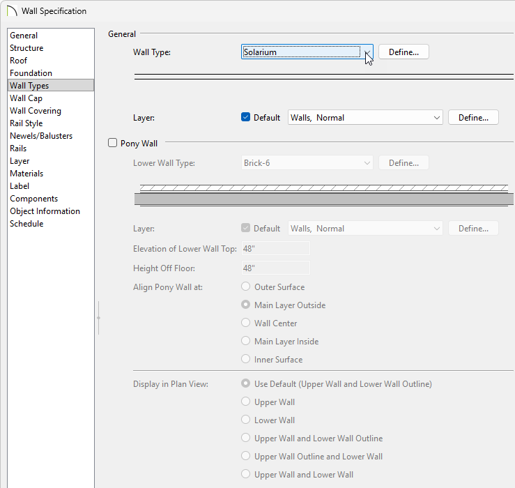 Select the newely created Solarium Wall Type.