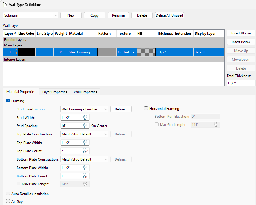 Wall Type Definitions dialog with a custom wall type