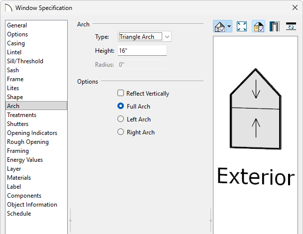 Adjust the Arch of a window on the Arch panel
