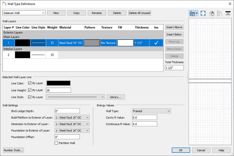Wall Type Definitions dialog with a custom wall type