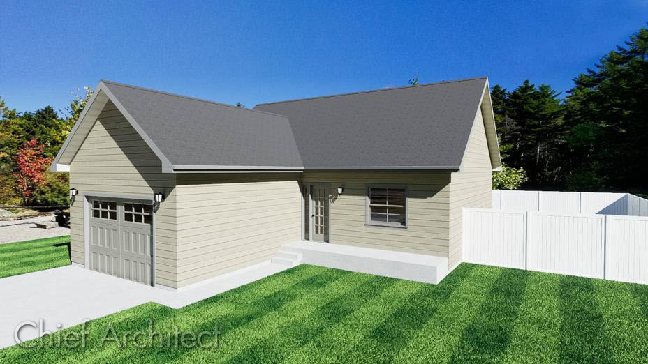 Camera view of main house with gable walls at each end and attached garage with gable roof over garage door