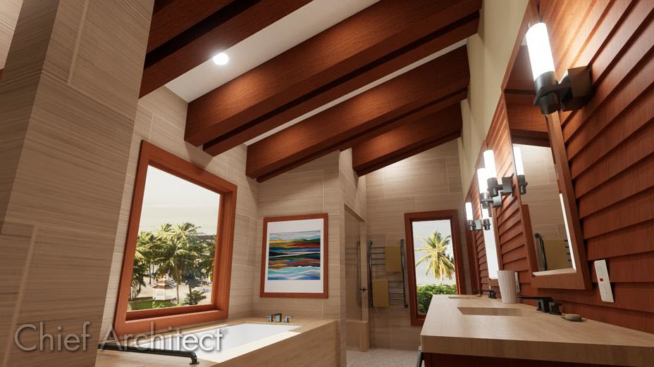 Exposed beams in a bathroom setting