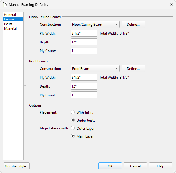 The Beams panel of the Manual Framing Defaults dialog. 