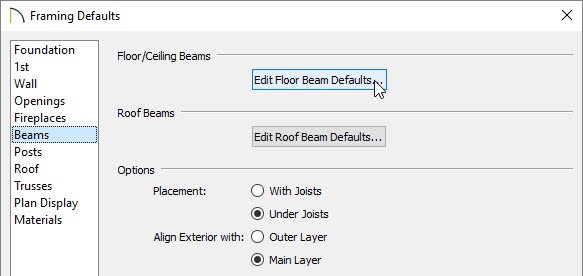 Selecting the Edit Floor Beam Defaults button located on the Beams panel of the Framing Defaults dialog