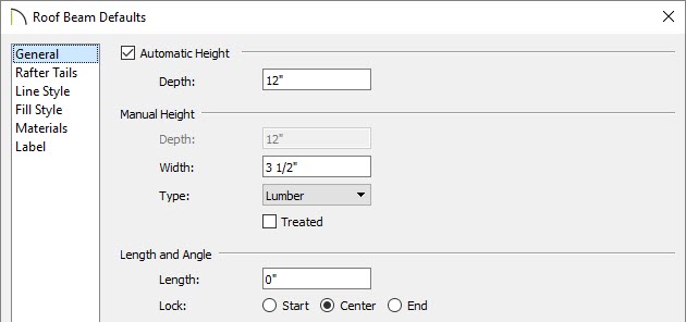 Adjust beam properties such as Depth, Width, and Type in the Beam Defaults dialog