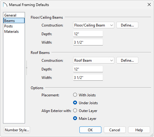 In your Manual Framing Defaults, select the Beams panel, and edit your beam defaults.