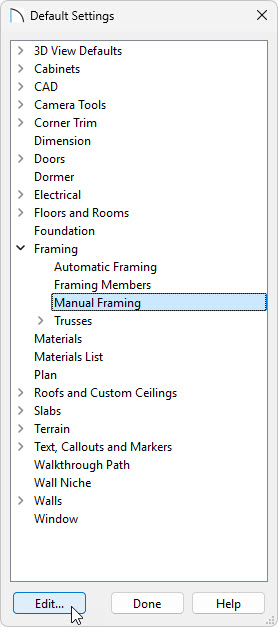In the Default Settings dialog, expand the framing category, select Manual Framing, and click Edit.