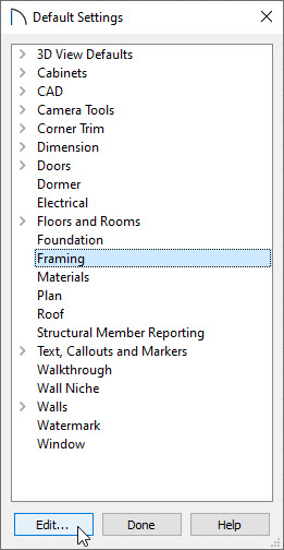 Select the Framing default category and select Edit