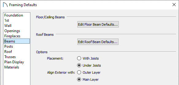 Select the Beams panel in the Framing Defaults dialog to modify the beam defaults