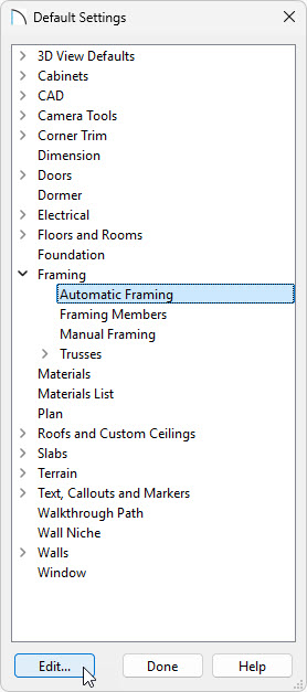 In the Default Settings, expand the Framing category, select Automatic Framing, and click Edit.