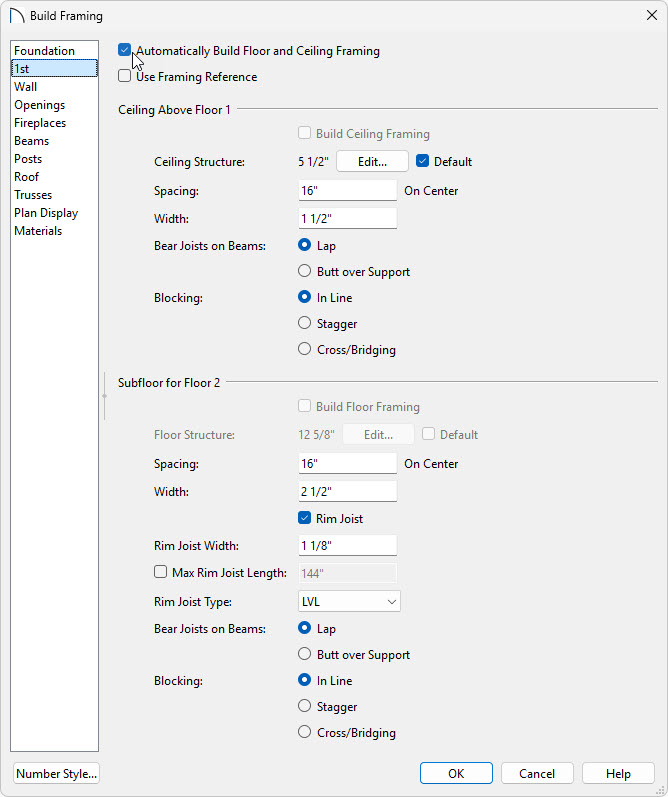 Choosing what framing to build within the Build Framing dialog