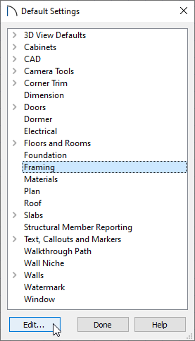 Framing category selected in the Default Settings dialog