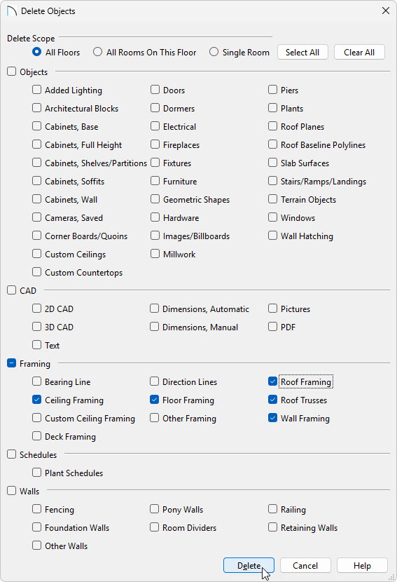Choosing framing elements to delete within the Delete Object dialog