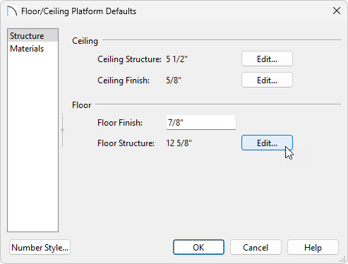 Structure panel of the Floor/Ceiling Platform Defaults 