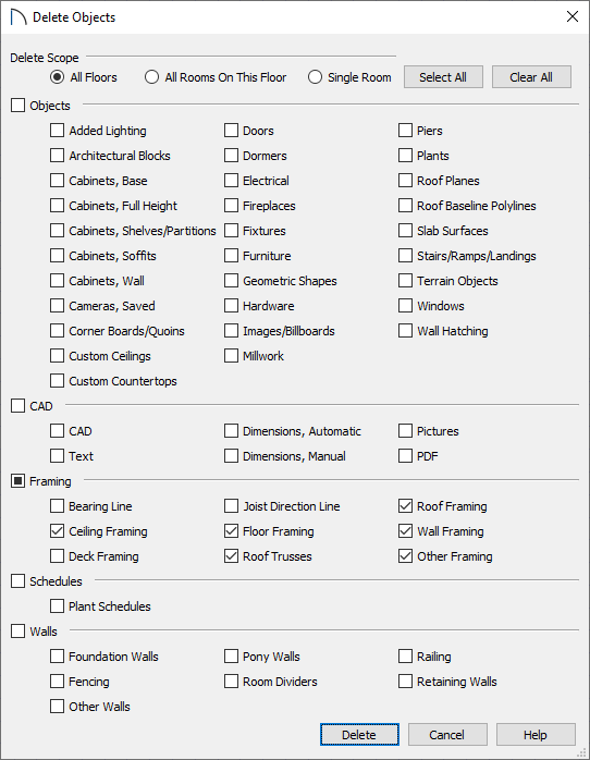 Choosing framing elements to delete within the Delete Object dialog