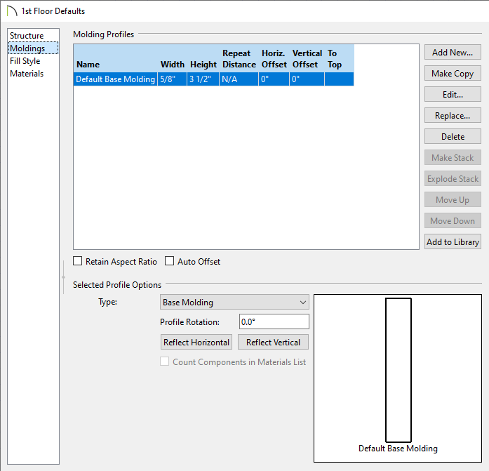 Moldings panel of the 1st Floor Defaults dialog