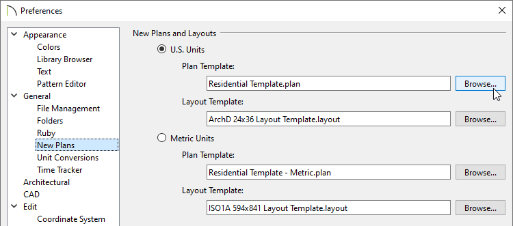 New Plans panel of the Preferences dialog