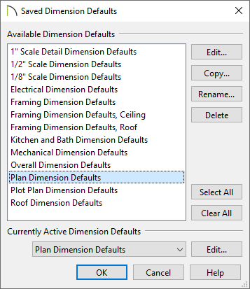 Saved Dimension Defaults dialog with Plan Dimension Defaults selected 