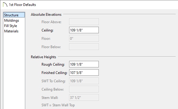 1st Floor Defaults dialog where ceiling and floor heights can be changed