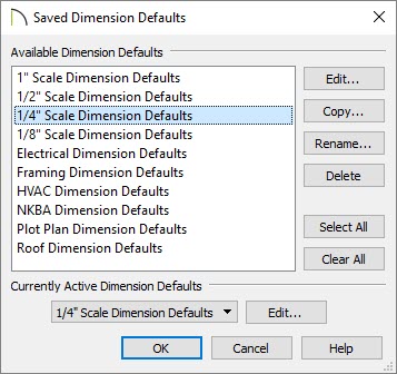 Saved Dimension Defaults dialog with 1/4" Scale Dimension Defaults selected