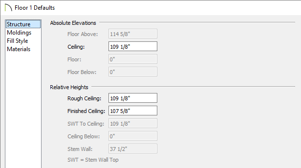 Floor 1 Defaults dialog where ceiling and floor heights can be changed