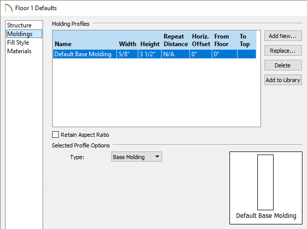 Moldings panel of the Floor 1 Defaults dialog