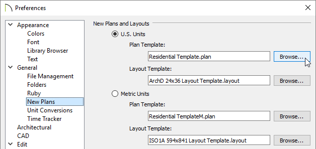 New Plans panel of the Preferences dialog
