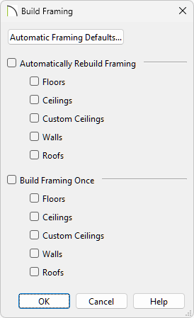In the Build Framing dialog choose which category of framing you'd like to build.