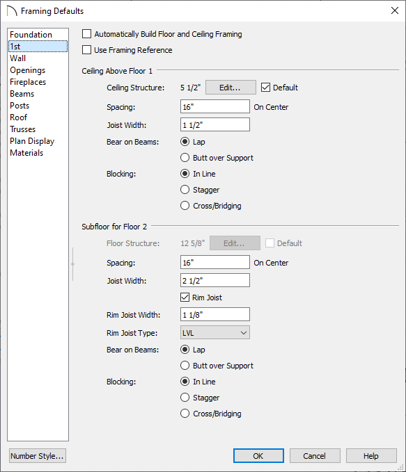 1st panel of the Framing Defaults dialog