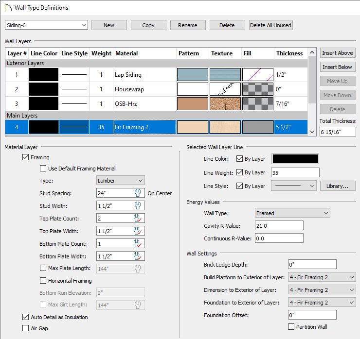 Wall Type Definitions dialog where wall framing layers can be setup