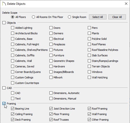 Delete Objects dialog with the Framing heading checked