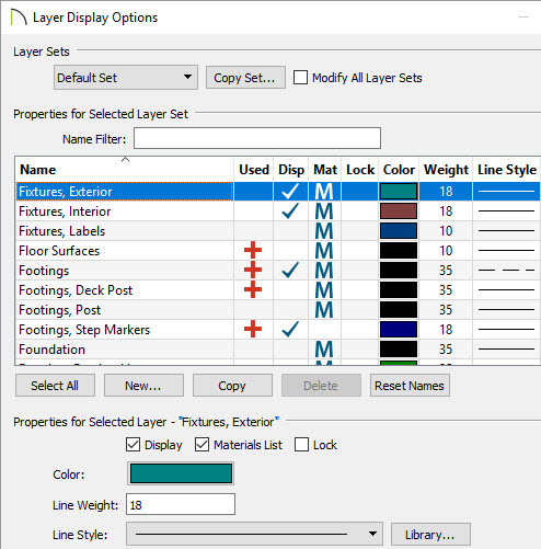 Layer display color and line options