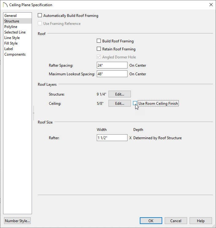 Ceiling Plane Specification dialog on the Structure panel unchecking Use Room Ceiling Finish