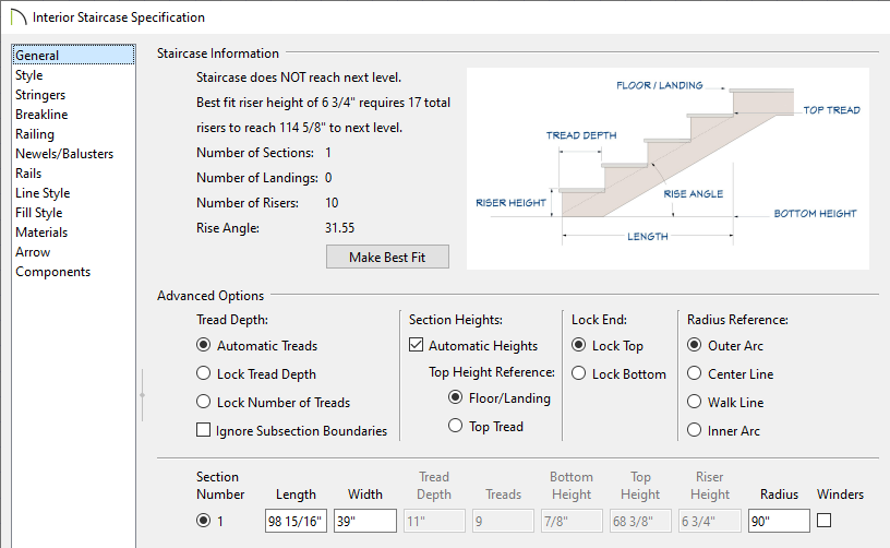 General panel of the Staircase Specification dialog