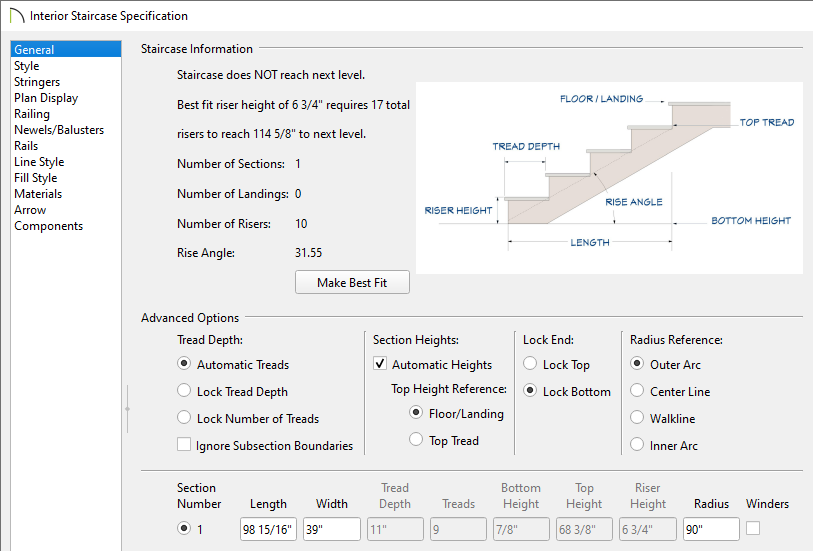 General panel of the Staircase Specification dialog