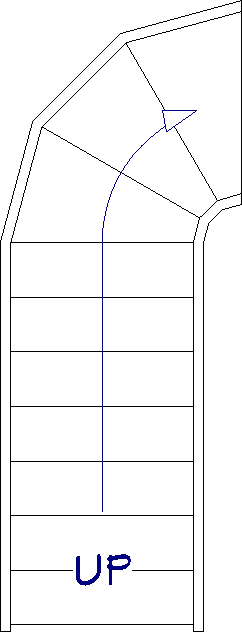 Two separate stair segments connected to each other, with one being curved, and one being straight