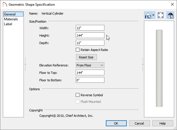 Specify the Height on the General panel of the Geometric Shape Specification