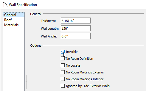 Sepcifying the exterior wall to be invisible on the General panel