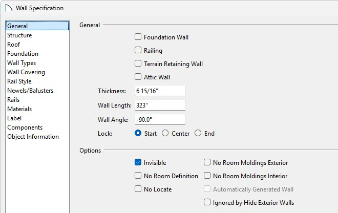Sepcifying the exterior wall to be invisible on the General panel