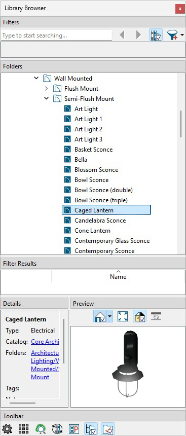 Caged Lantern object selected in the Library Browser