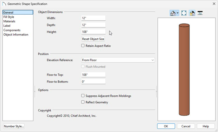 Specify the Height on the General panel of the Geometric Shape Specification