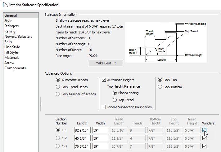 Winder checkboxes in the staircase specification dialog box