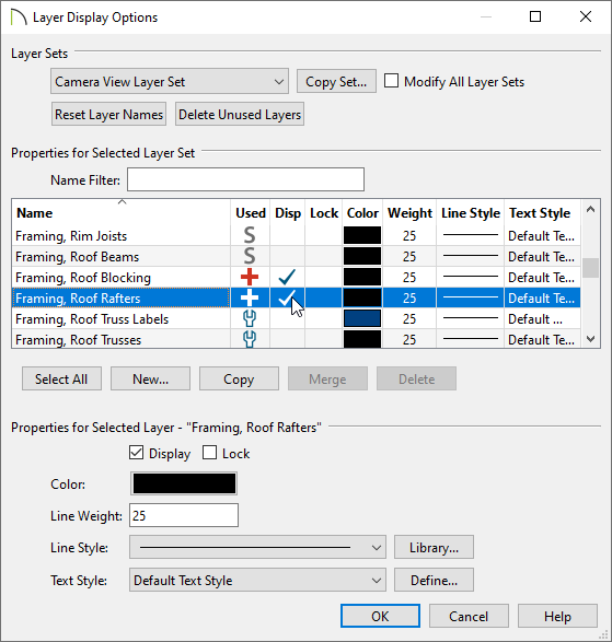 In the Layer Display Options check the disp box for the Framing, Roof Rafters layer.
