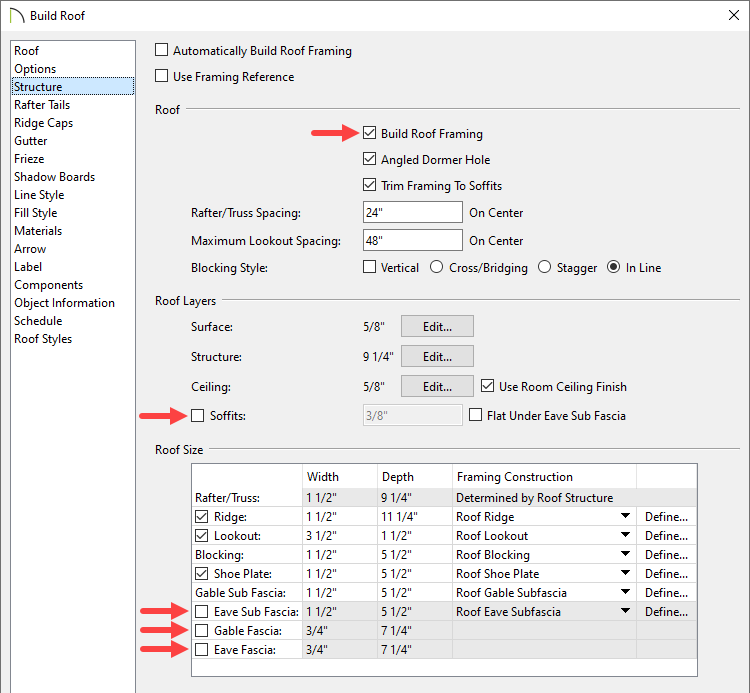 In the Build Roof dialog check/uncheck various options to get your desired result.
