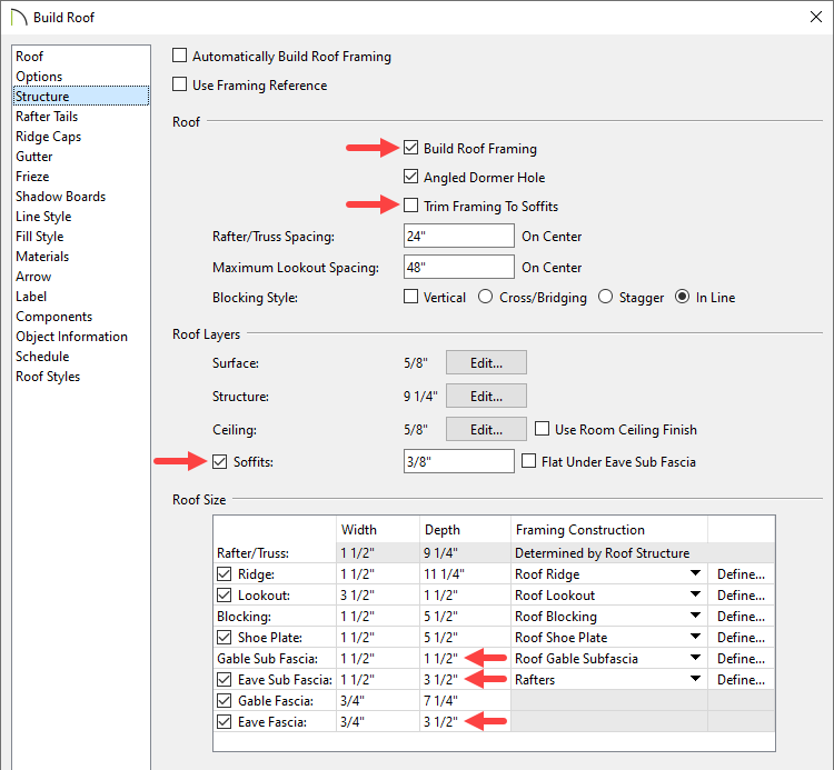 In the Build Roof dialog check/uncheck various options to get your desired result.