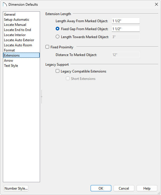 Extensions panel of the Dimension Defaults.