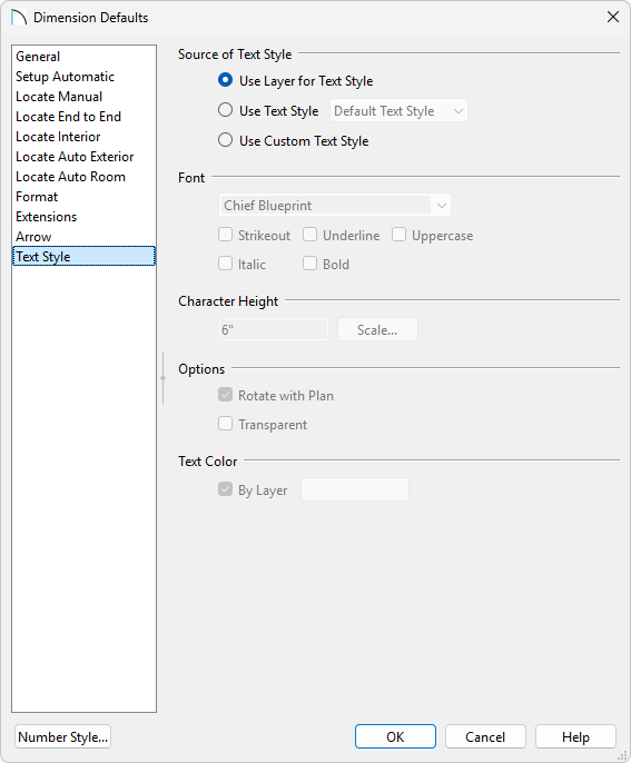 Text Style panel of the Dimension Defaults.